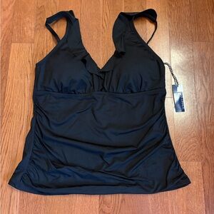 Black Ruffled V-Neck Tankini Swim Top. Size women’s 16. NWT